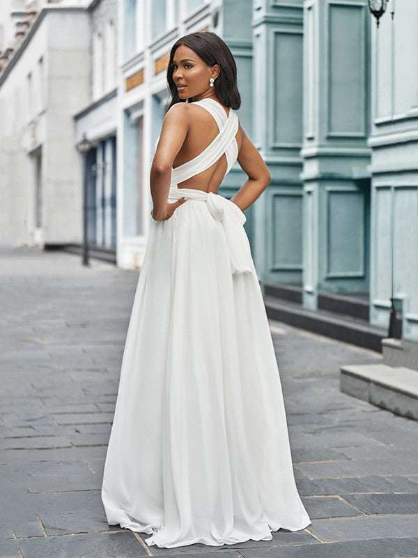Wholesale A-Line/Princess Chiffon Halter Ruched Sleeveless Floor-Length Wedding Dresses